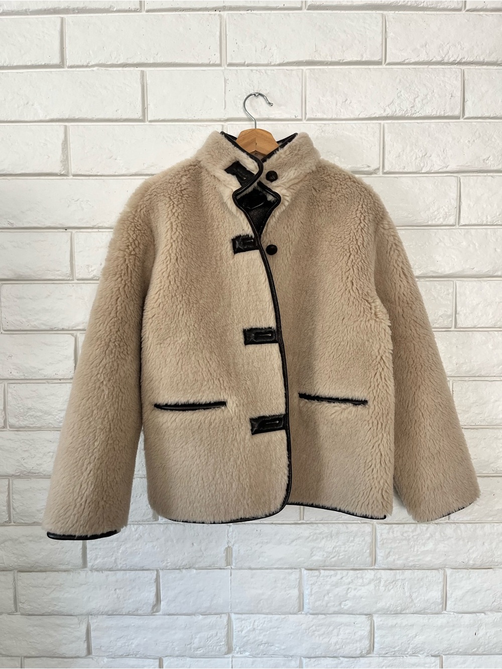 NWT Gap Cream Sherpa & Faux Brown Leather Oversized Jacket Coat Size XS Vegan - Picture 4 of 12